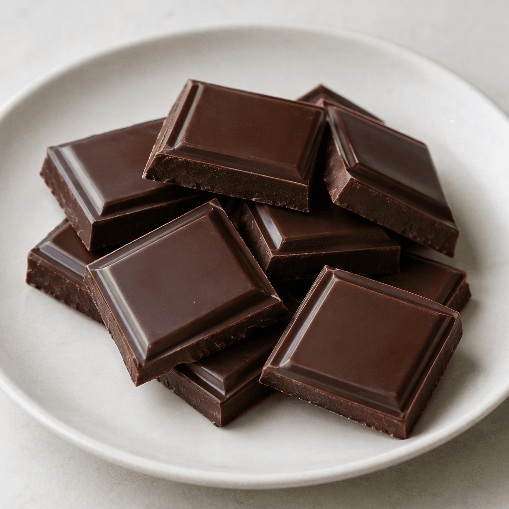 A dark brown chocolate bar broken into neat rectangular squares, with smooth, slightly glossy tops and crisp edges, rests on a plain plate.
