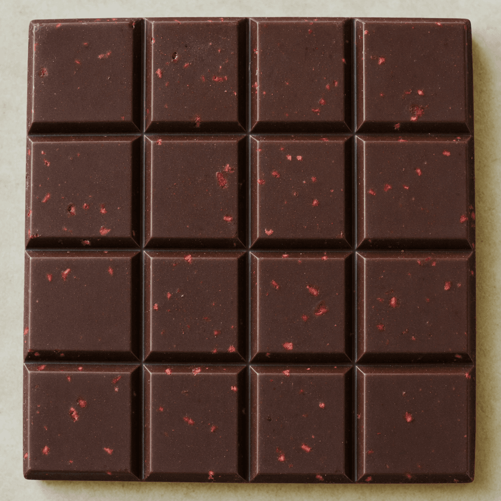 A dark brown chocolate bar divided into rectangular squares, with small red raspberry pieces visible across its surface.