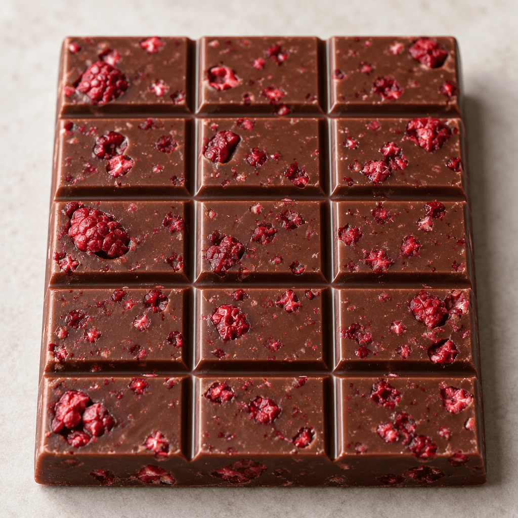 A rectangular chocolate bar with a smooth brown surface and visible red raspberry pieces and flecks throughout.