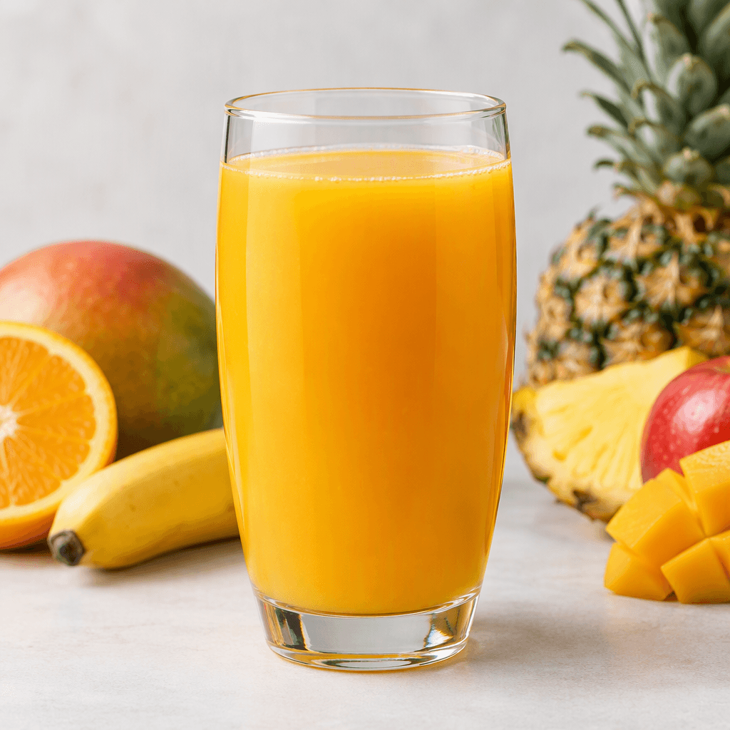 A smooth, opaque golden-orange fruit drink is poured into a clear glass, with an even colour and no visible fruit pieces.