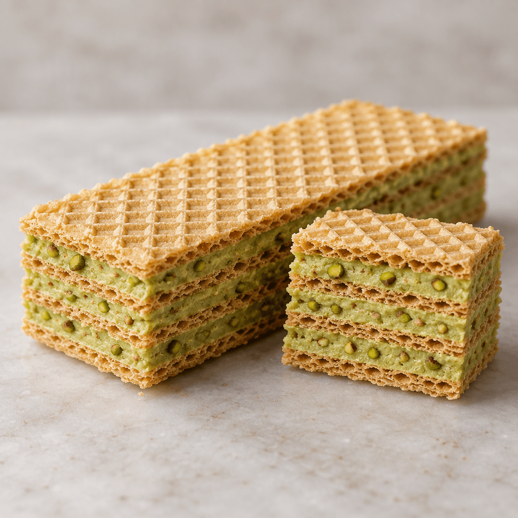 A rectangular wafer bar with crisp, thin golden layers and pale green pistachio filling visible between them, shown whole beside a cut piece that reveals its striped cross-section.