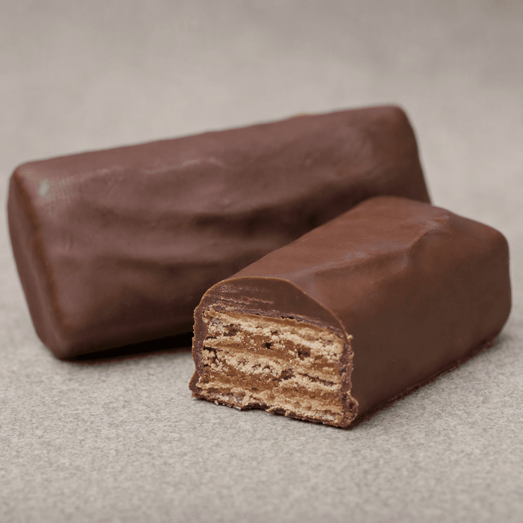 A rectangular dark-brown chocolate bar with a smooth coating, shown whole beside a broken piece that reveals crisp wafer layers and light-brown filling.