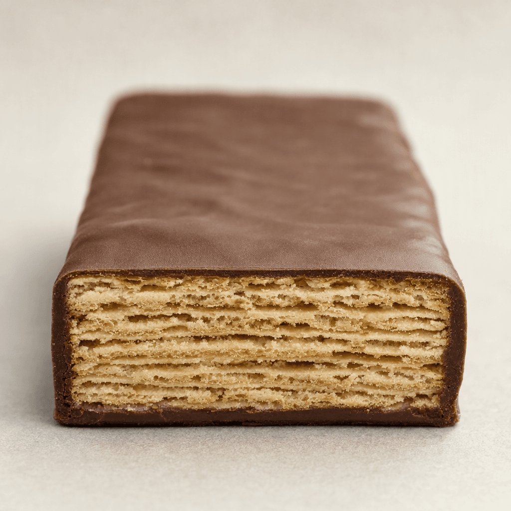 A rectangular chocolate-coated wafer bar with a smooth dark-brown outer layer and crisp, thin wafer layers with pale filling visible at a broken edge.