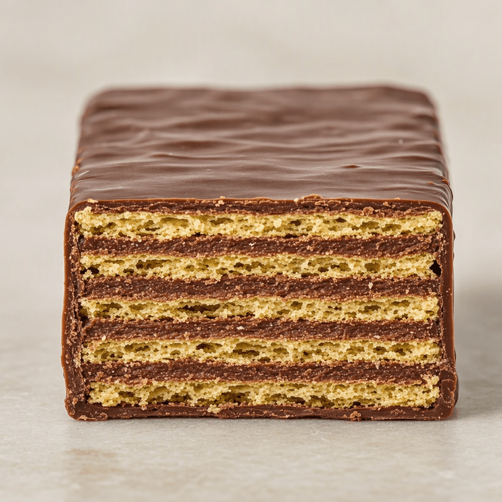 A thick rectangular wafer bar with a dark chocolate coating and a cut face showing thin, crisp golden layers separated by chocolate cream.
