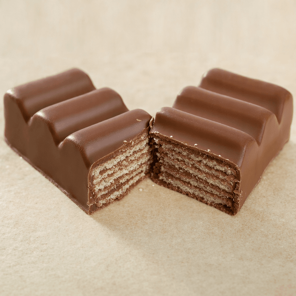A rectangular milk-chocolate-coated bar with a smooth, glossy brown shell, divided into raised sections, with a pale layered wafer and darker filling visible where it is broken open.