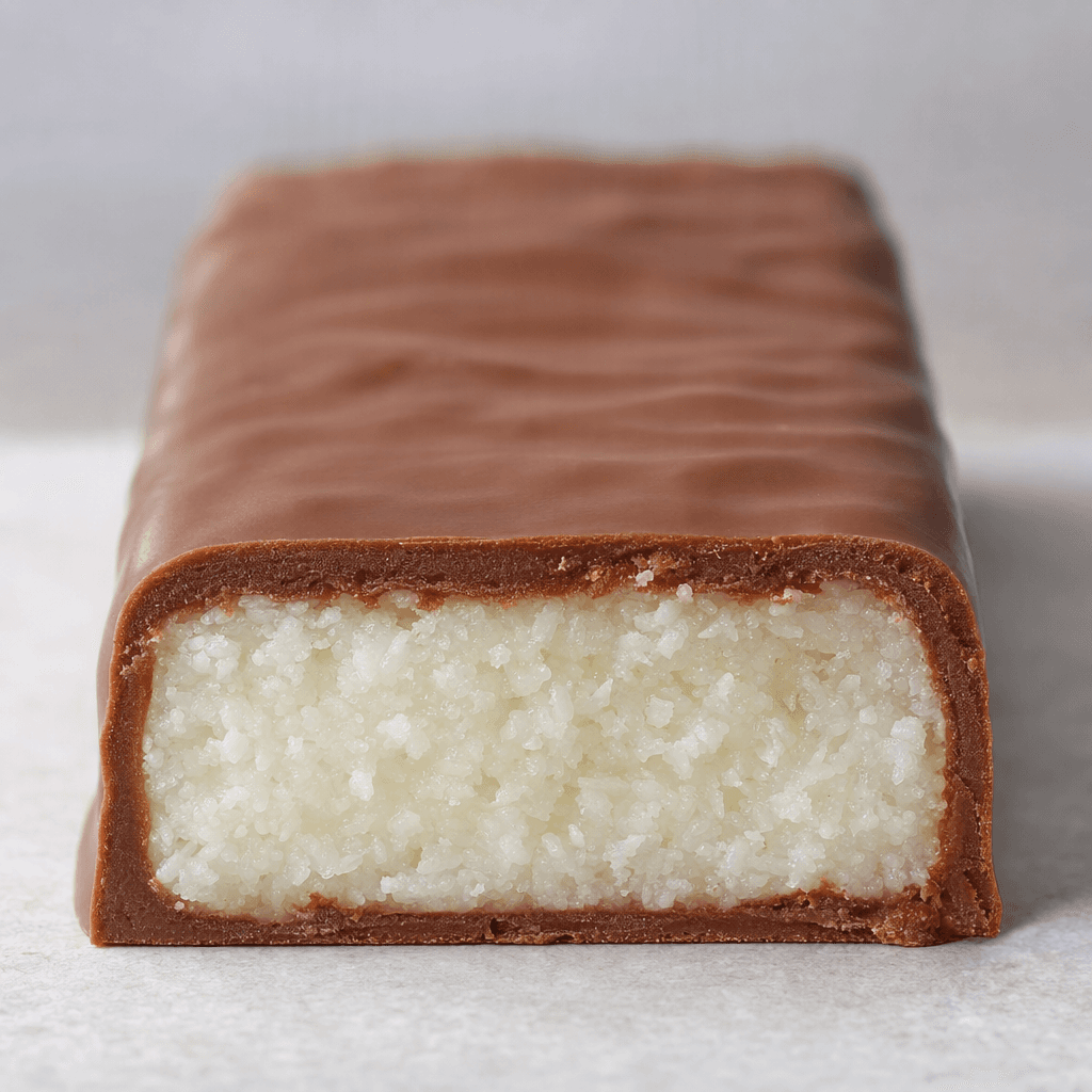 A rectangular bar coated in smooth brown chocolate, with a cut end showing a dense white filling flecked with fine coconut shreds.
