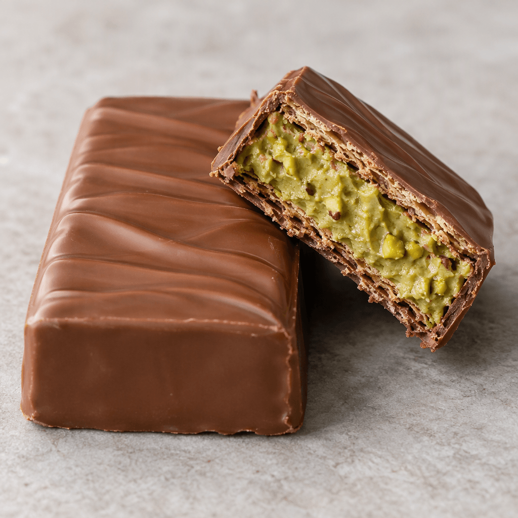 A rectangular milk-chocolate bar with a smooth brown coating, shown whole beside a broken piece that reveals a pale-green pistachio filling and thin, crisp layers inside.