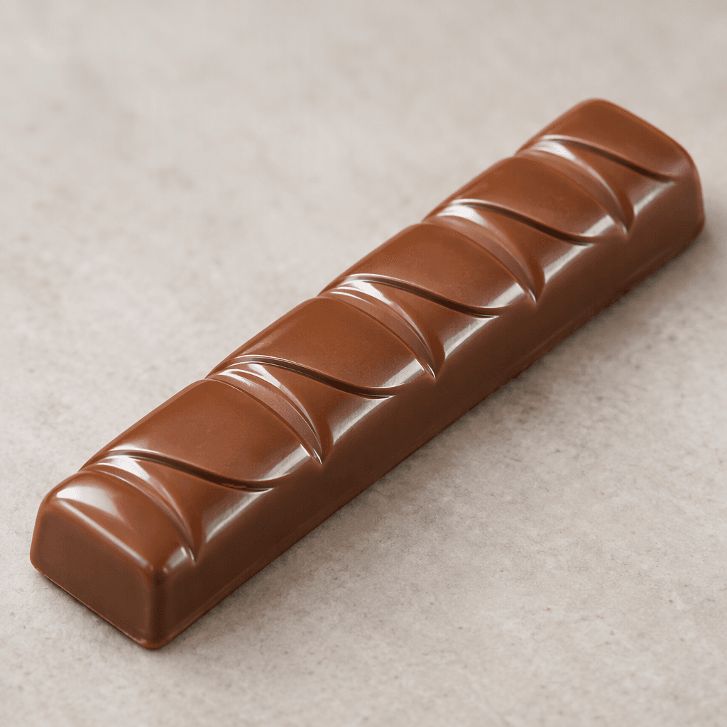 A slim, rectangular milk-chocolate bar with a smooth, glossy brown coating and shallow molded grooves dividing its top into sections.