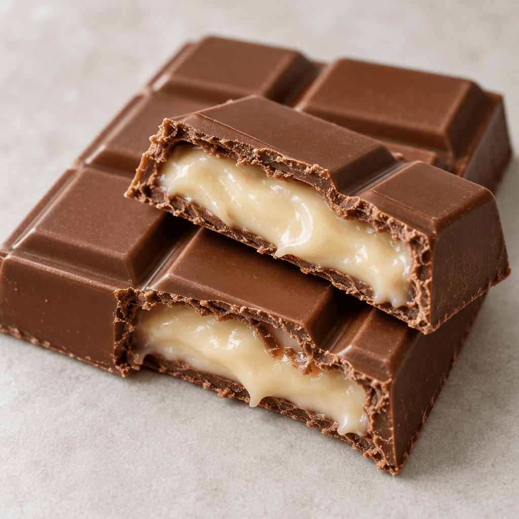 A rectangular chocolate bar with a smooth brown shell, shown in segments with a broken piece revealing a thick, pale milk-colored cream filling.