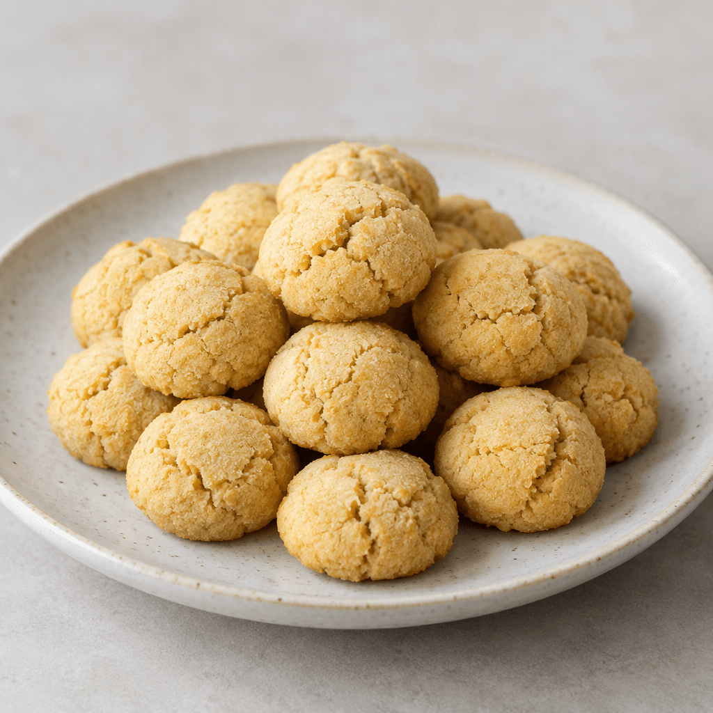 Small, round chickpea-flour cookies with a pale golden, slightly cracked surface and a dry, crumbly texture, arranged on a simple serving plate.