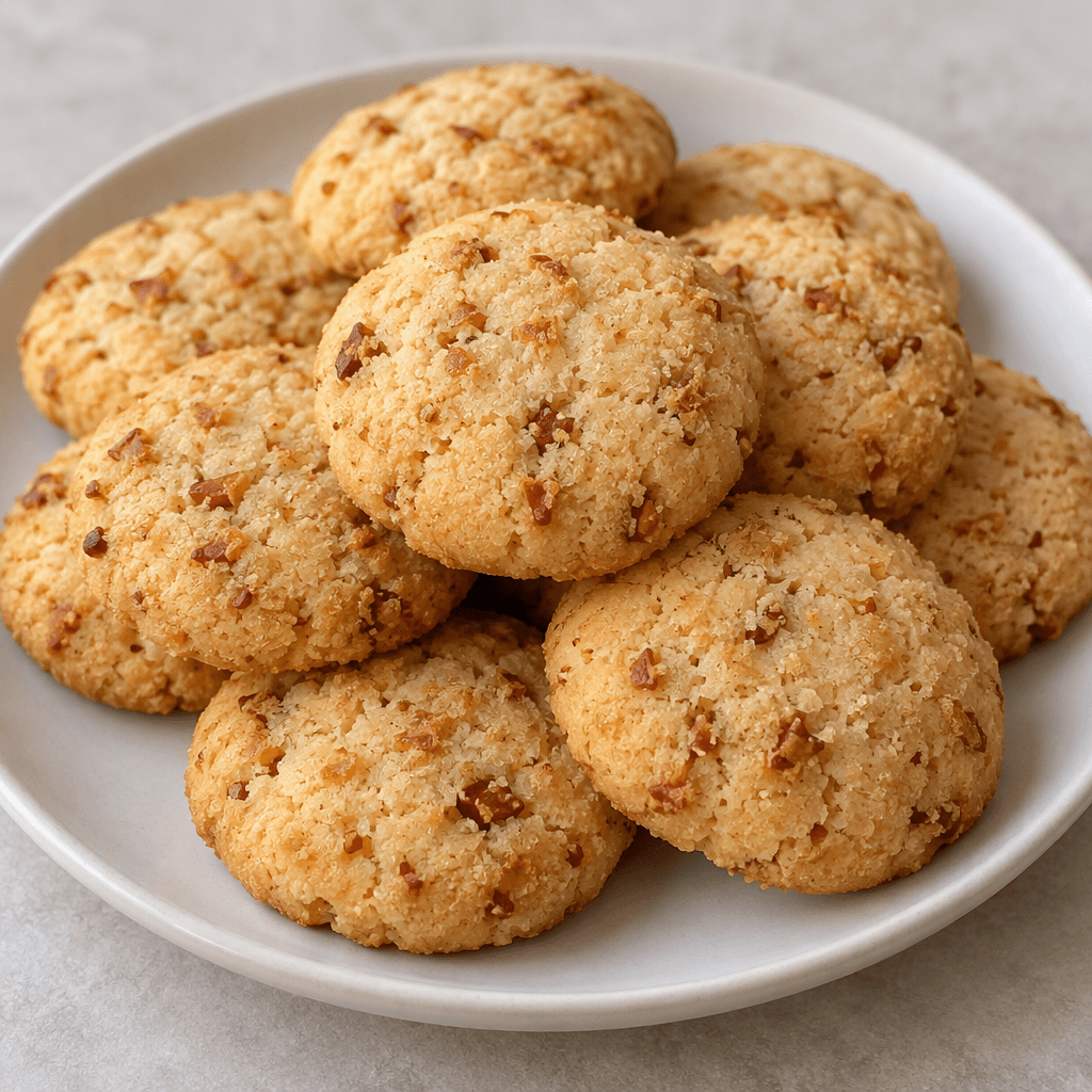 Small, round, slightly flattened golden-beige cookies with a dry, fine-crumbled surface and scattered toasted-brown flecks sit on a plain plate.