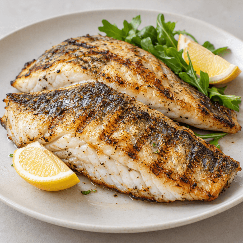 Golden-brown sea bass fillets with lightly charred edges and visible grill marks, their moist white flaky flesh showing at the surface, arranged on a serving plate with lemon wedges and a small garnish of fresh greens.