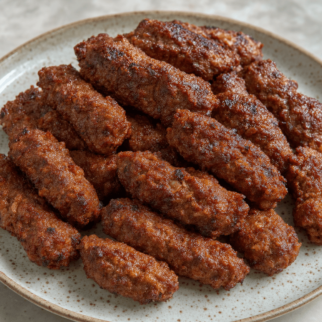 Several small, irregularly shaped kebab pieces with a reddish-brown surface and a coarse, minced-meat texture are arranged on a plate.