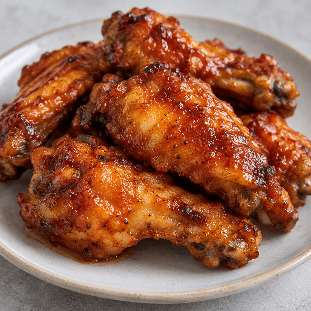 Several curved, bone-in chicken wing pieces are arranged on a plate, their uneven skin coated in a glossy reddish-orange sauce with darker browned patches.