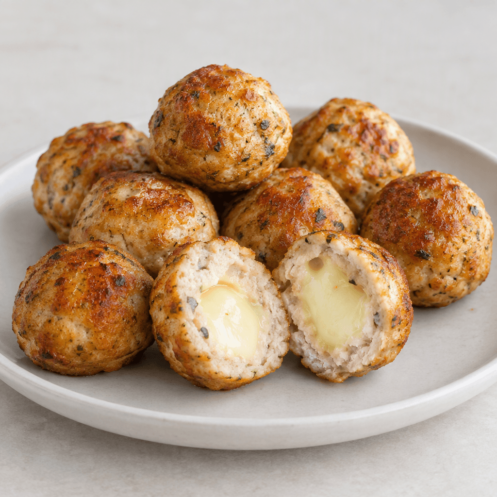 Small, round chicken meatballs with a golden-brown, lightly textured exterior are arranged on a plate, with one cut open to reveal a pale straw-yellow cheese center.