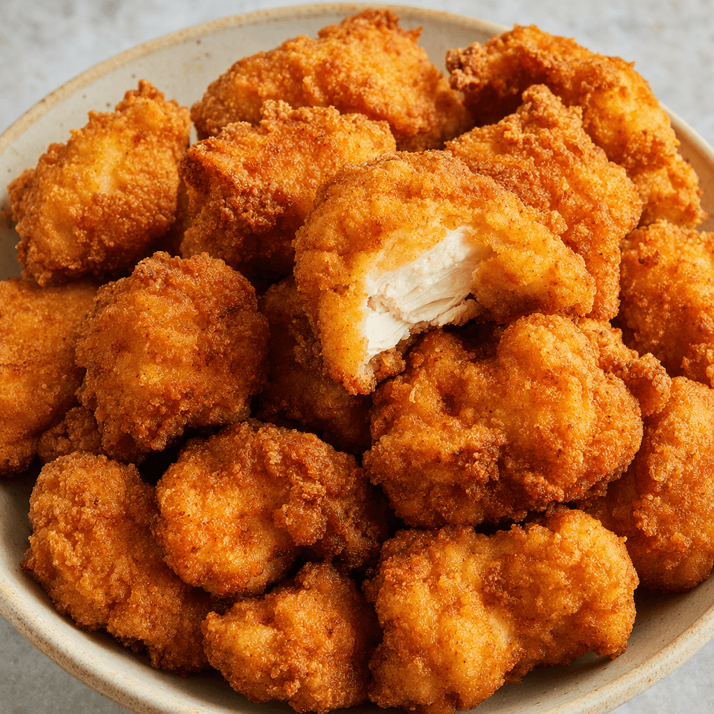 A pile of irregular, golden-brown breaded chicken pieces with a coarse, craggy crust, served together in a container.