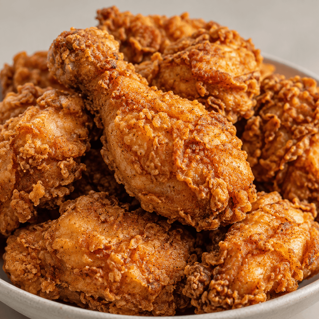 Golden-brown chicken pieces of varied shapes, including drumsticks and smaller chunks, are covered in a thick, rough, craggy coating with crisp-looking flakes and are piled together.