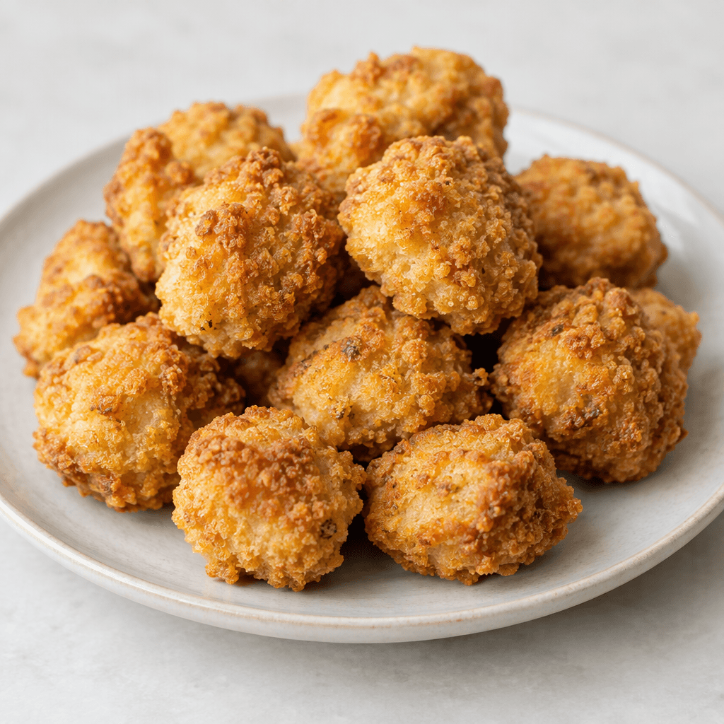 Bite-sized, roughly rounded pieces with an uneven golden-brown crumb coating and a lightly craggy surface are arranged on a plate.