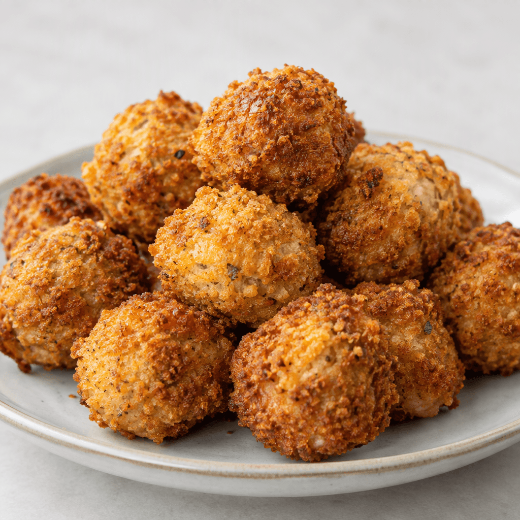 Small, bite-sized chicken balls with a rough, crumb-coated surface ranging from golden yellow to deep brown, arranged on a plate.