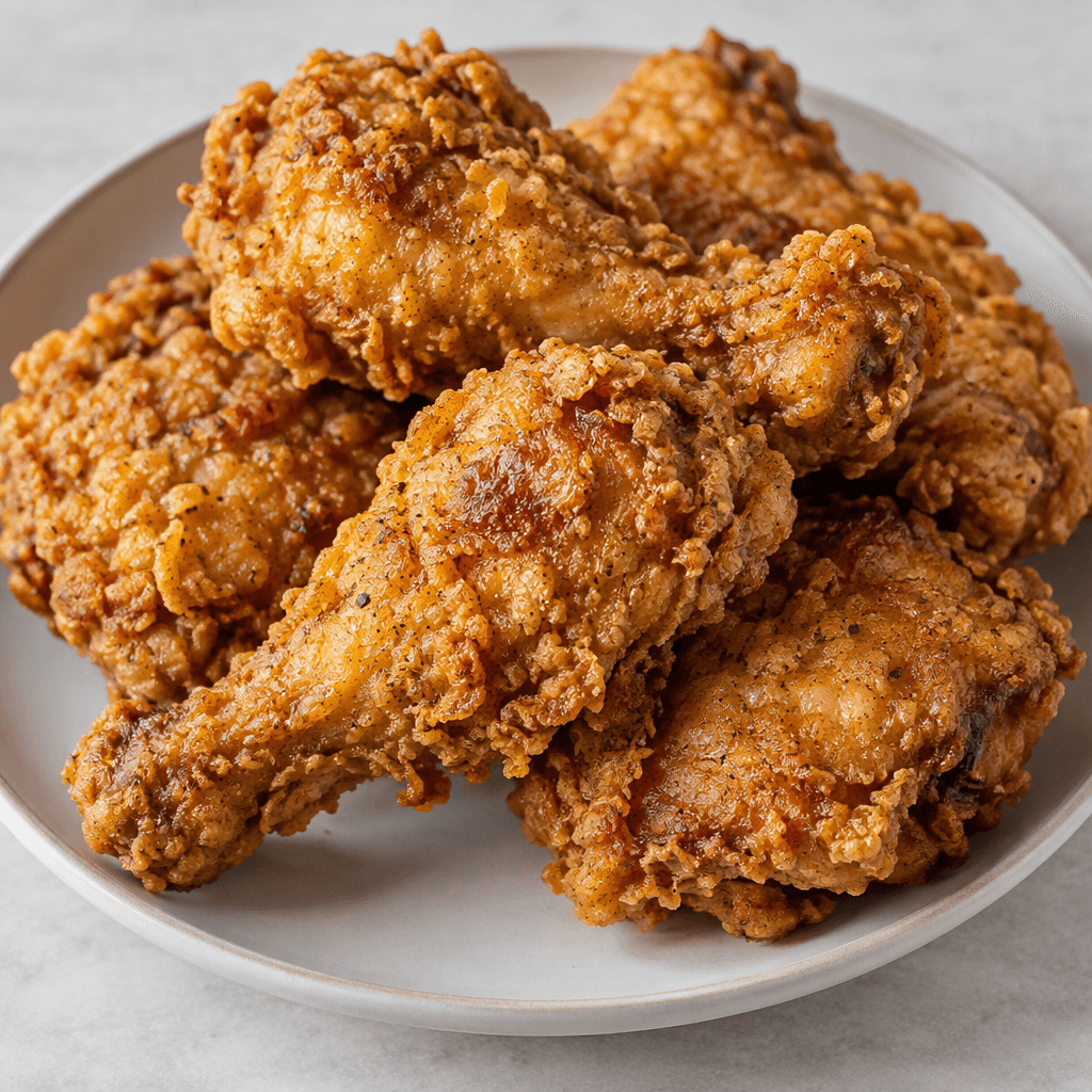 Several golden-brown chicken pieces with an uneven, crunchy-looking coating are arranged on a plate, their irregular shapes and crisp, craggy surfaces visible.