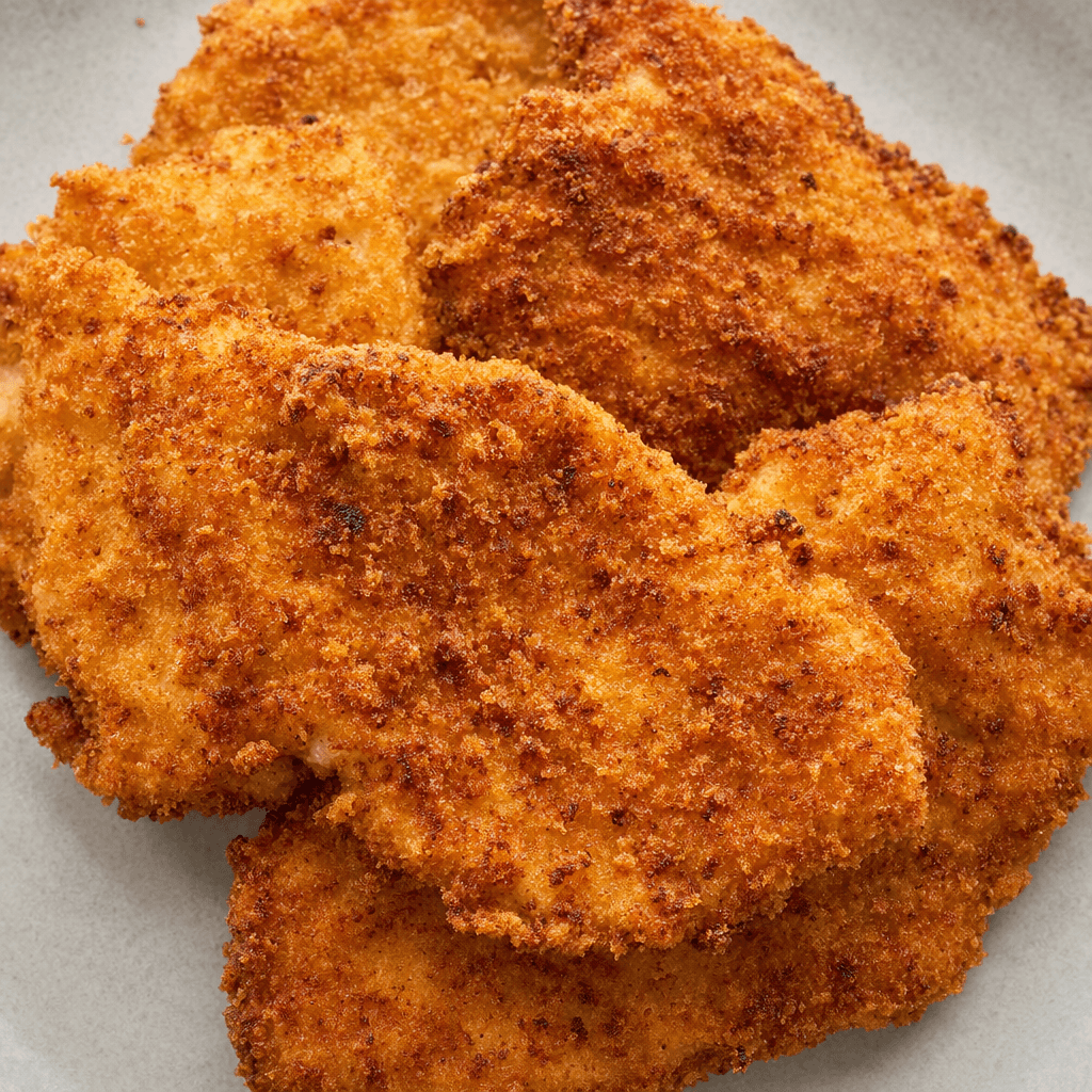 Several flattened, irregularly shaped chicken fillets are coated in a coarse, crisp-looking golden-brown crumb with a few darker toasted flecks.