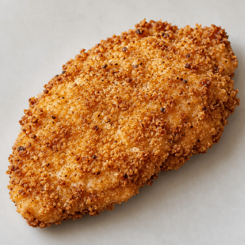 A flat, oblong chicken fillet is covered in an even golden-brown crumb coating with a coarse, crunchy-looking surface and a few darker toasted flecks.