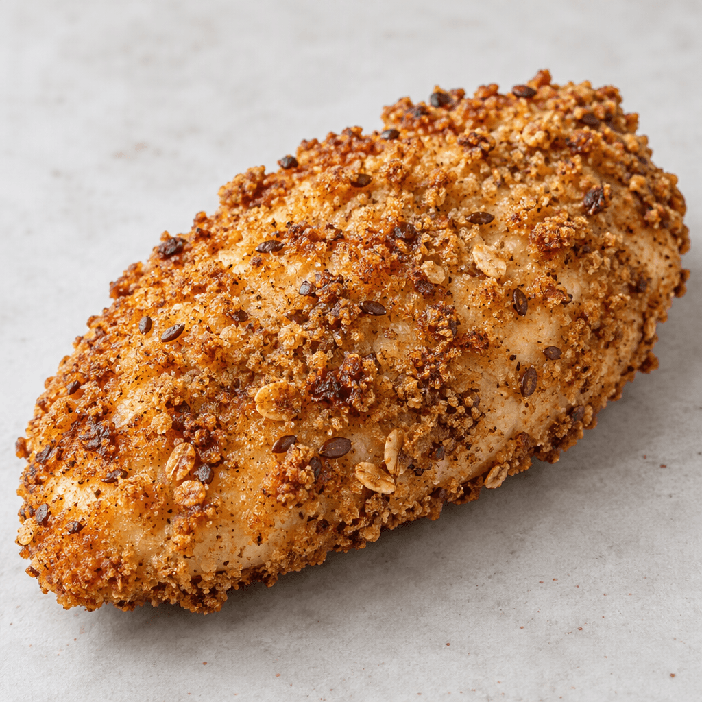 An oblong chicken fillet with a rough, crisp-looking golden-brown whole-grain coating, scattered with darker grain flecks and uneven crumbs.