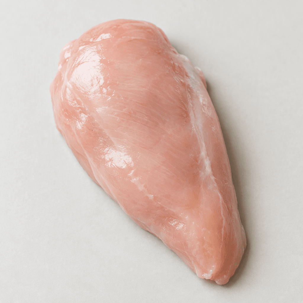 A raw, pale pink chicken fillet with a smooth, slightly glossy surface and a broad, tapered shape, shown on its own.