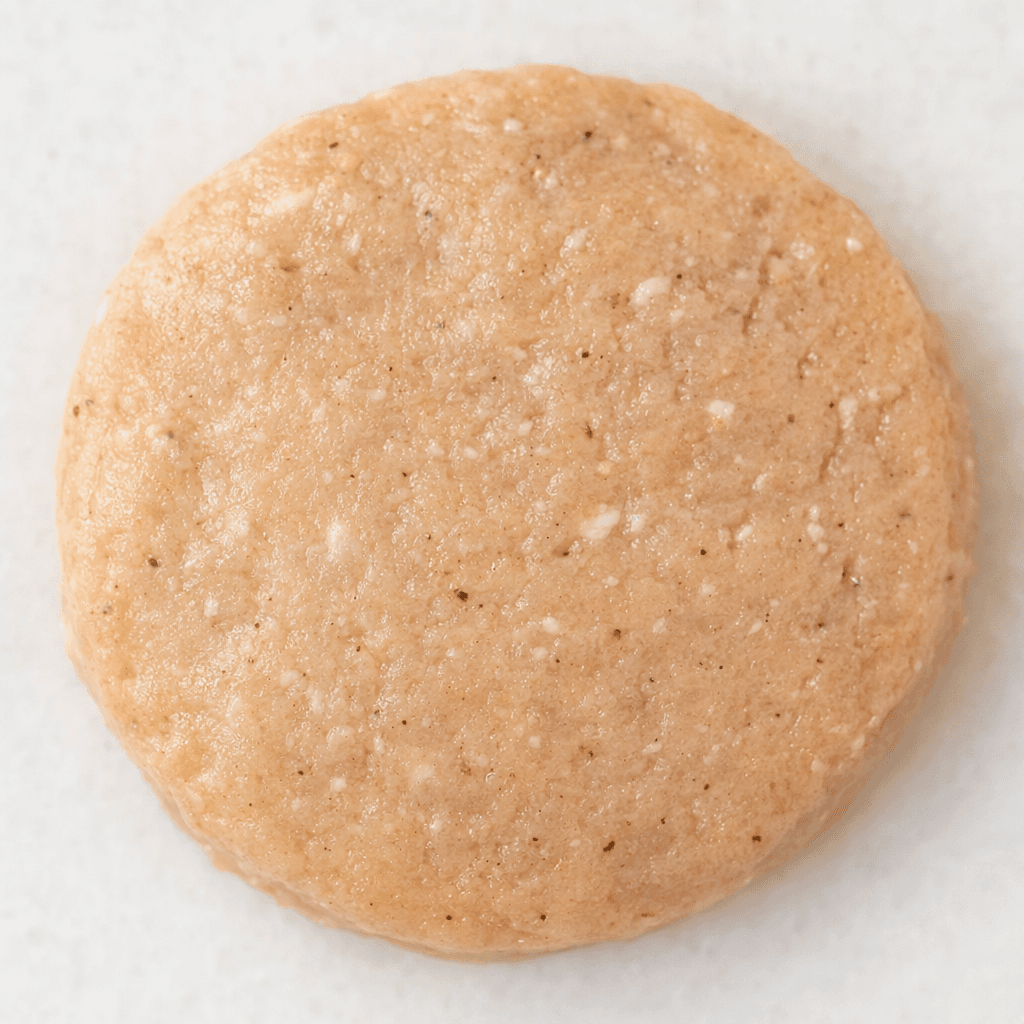 A single round, flattened chicken patty with a compact, finely speckled pale pink-beige surface.