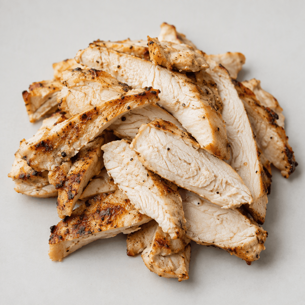 Thin, irregular slices of cooked chicken with a pale beige interior, lightly browned edges and faint grill marks, arranged in a small pile.