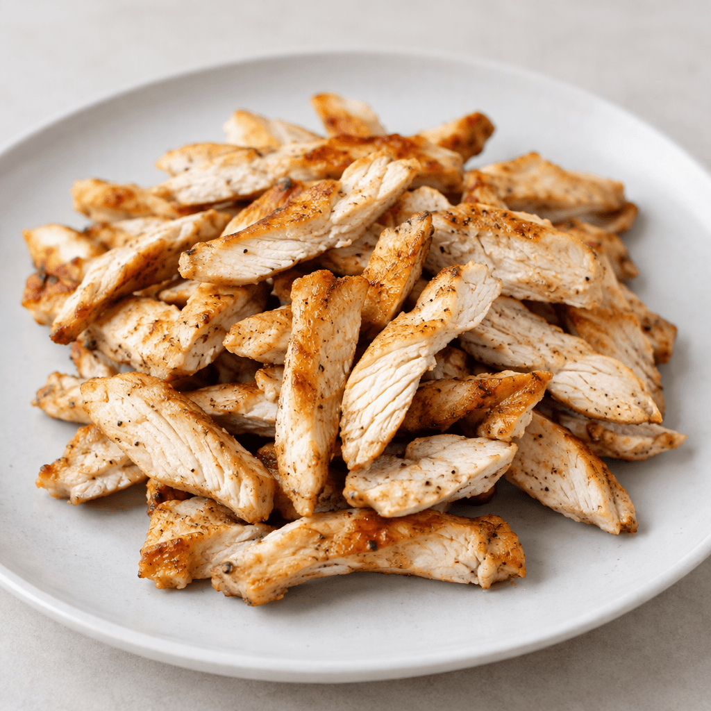 Thin, irregular strips of cooked chicken with golden-brown edges and pale interiors, piled loosely on a plate.