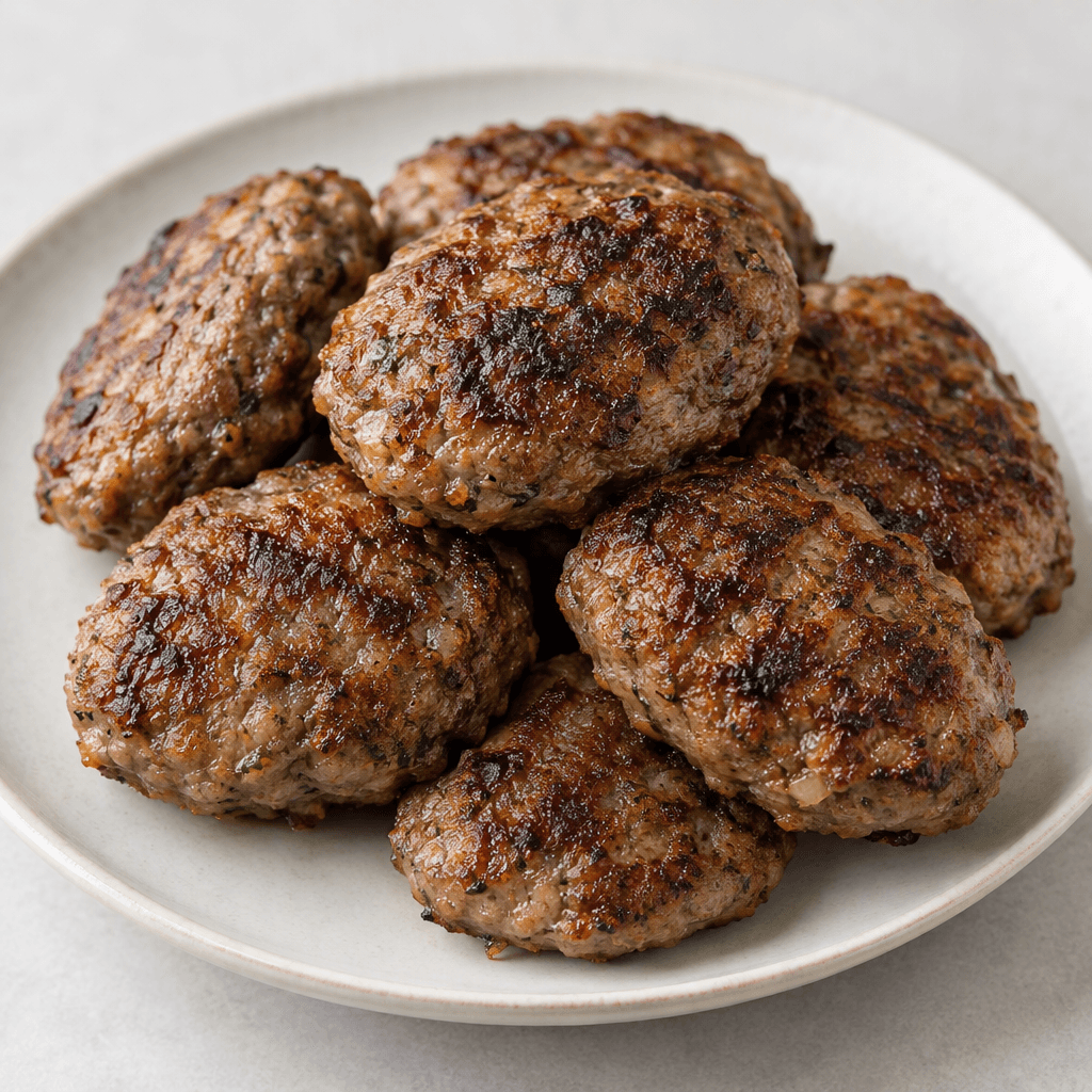 Several small, oval, slightly flattened meatballs with a browned surface, darker grilled patches, and a coarse, textured exterior.