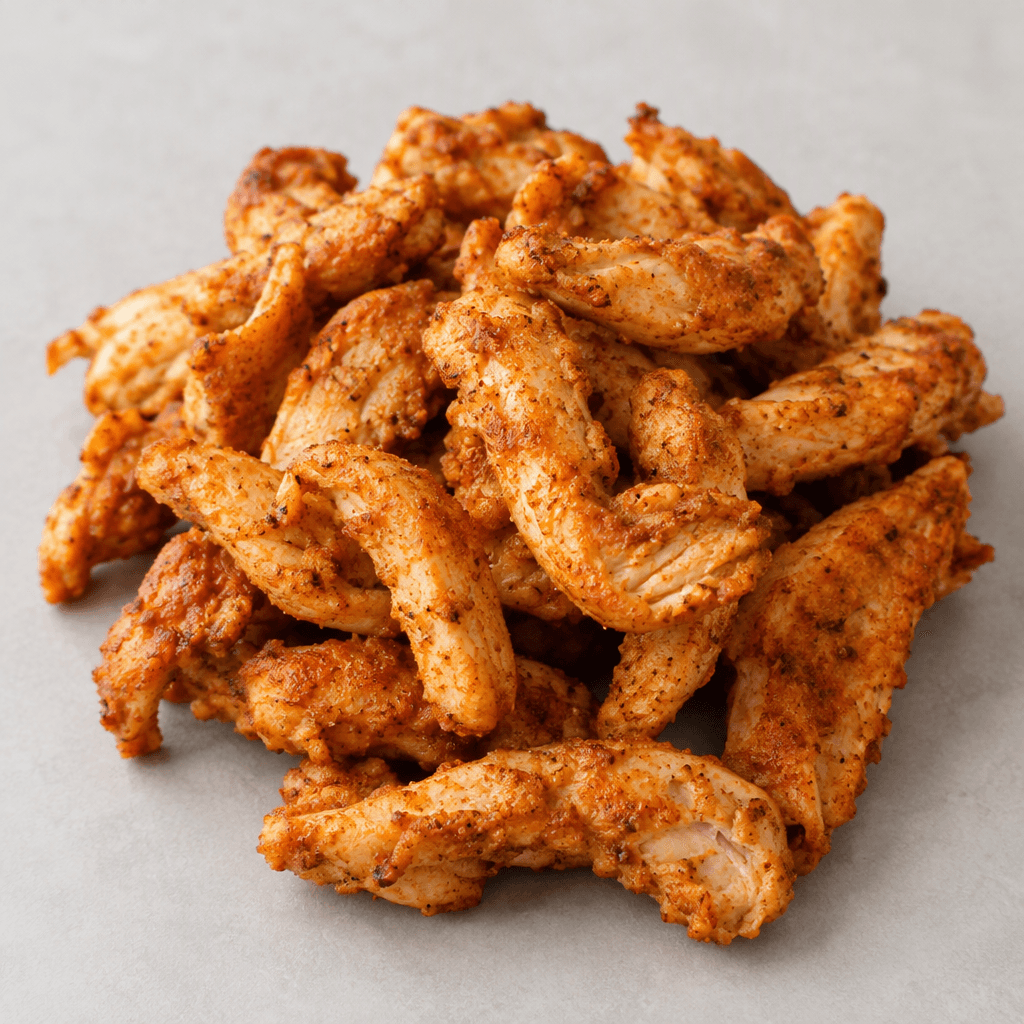 Irregular, bite-sized strips of chicken coated in a reddish-orange seasoning, with a slightly uneven, textured surface.