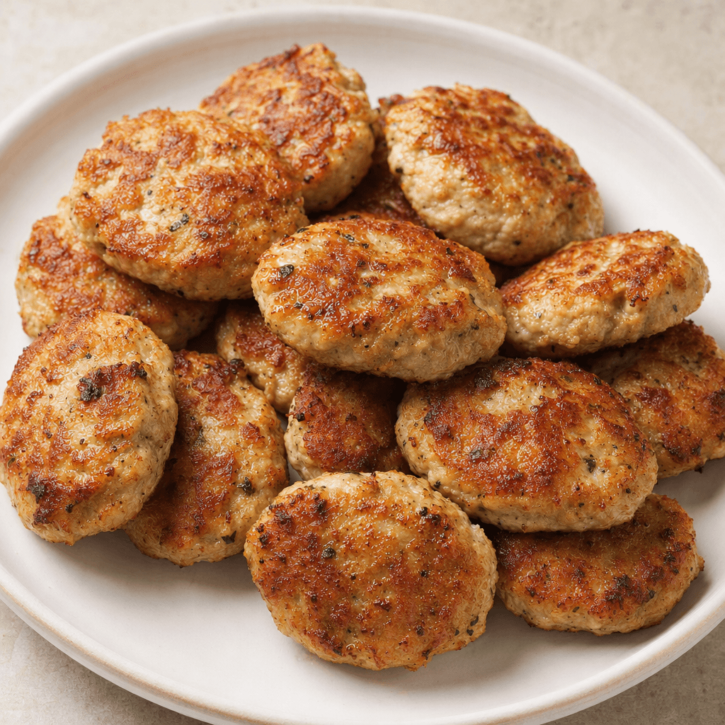 Small, flattened oval chicken meatballs with an uneven, coarse surface and a golden-brown exterior, arranged on a plate.