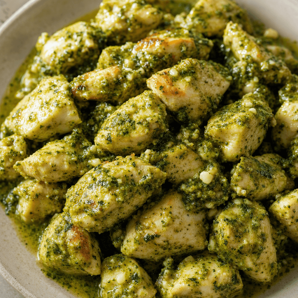 Chunks of chicken breast are coated in a glossy green pesto sauce with visible herb flecks and small pale pieces of cheese.