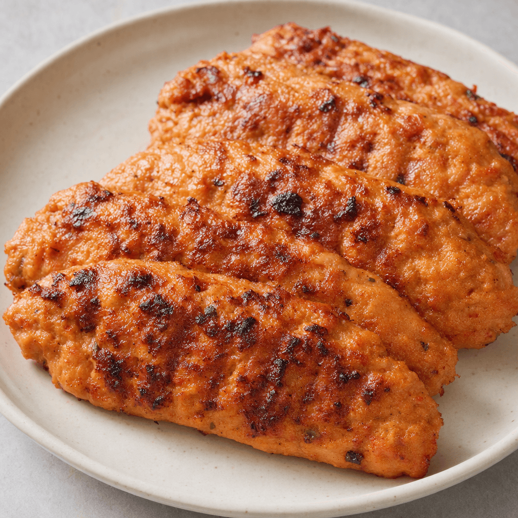 Elongated, flattened portions of finely minced chicken are arranged on a plate, their reddish-orange surfaces marked with browned ridges and small dark charred spots.