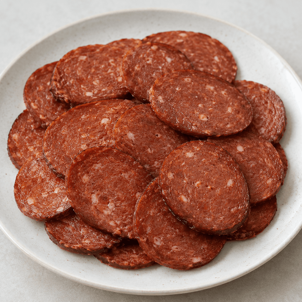Thin, round-to-oval slices of chicken sausage overlap on a plate, showing a deep reddish-brown surface with tiny pale flecks, darker edges, and a slight sheen.