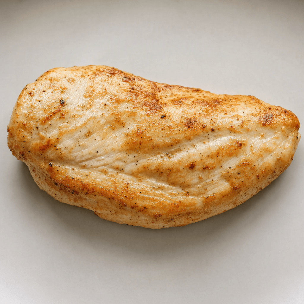 An elongated, boneless chicken fillet with a pale beige interior, lightly browned edges and a firm, fine-grained surface.