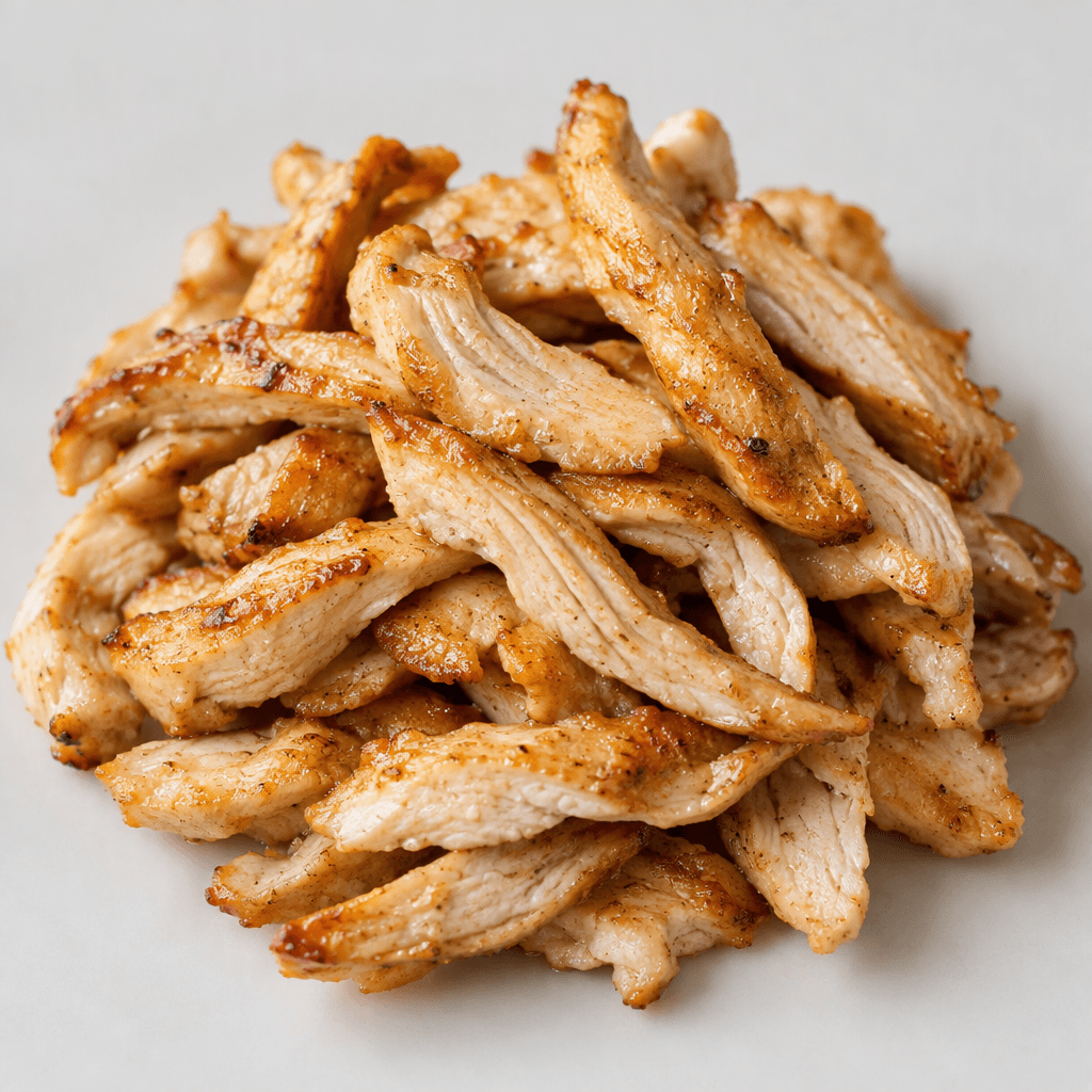 A mound of thin, irregular chicken strips with pale beige interiors and golden-brown edges, lightly glossy and slightly curled.