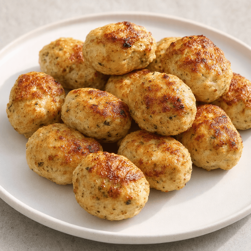 Several small, slightly irregular oval chicken meatballs with a lightly browned, finely textured surface are arranged on a plain plate.