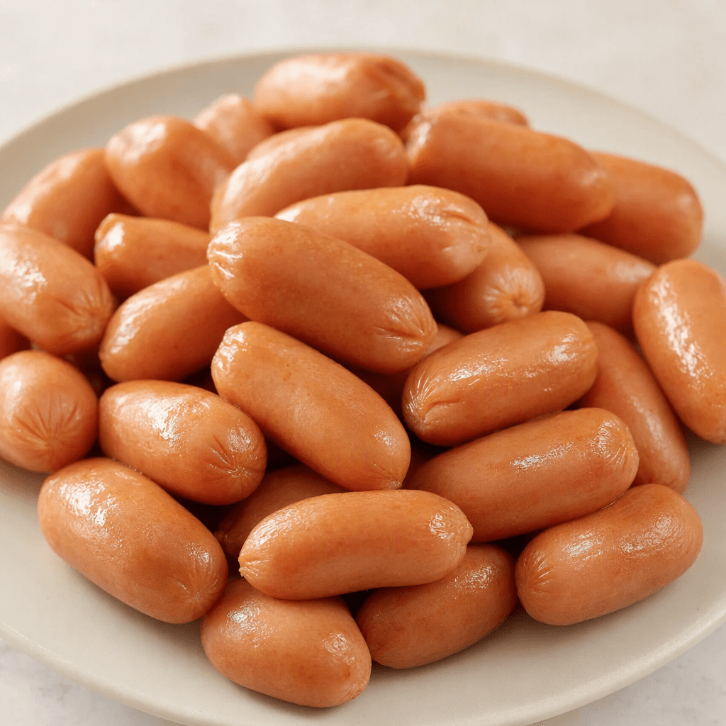 Small, short chicken sausages with smooth, slightly glossy pinkish-brown surfaces and rounded ends, arranged together on a plate.