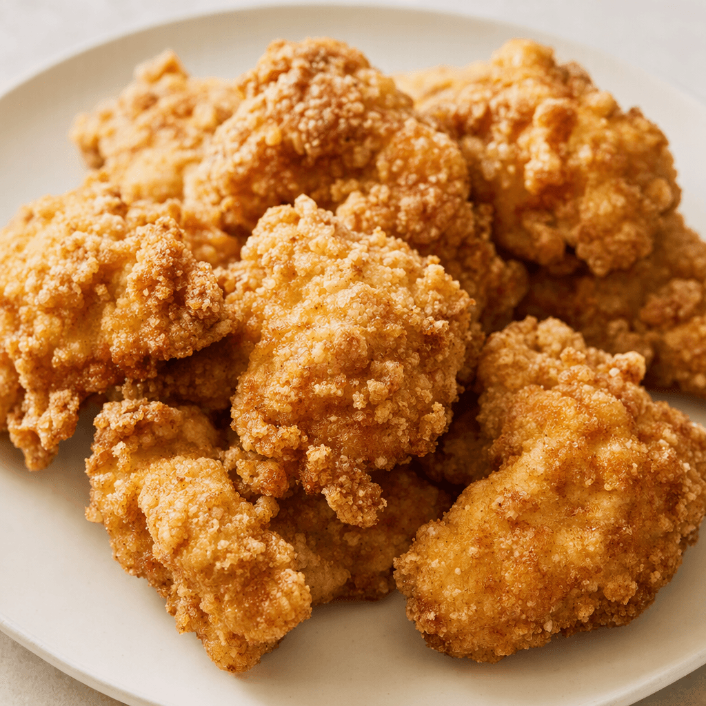 Several small, irregularly shaped chicken pieces with a golden-brown, finely craggy crumb coating are arranged on a plain plate.