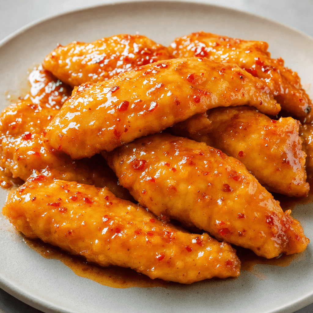 Several golden chicken fillets are arranged on a plate, coated in a glossy reddish-orange sweet-chili sauce.