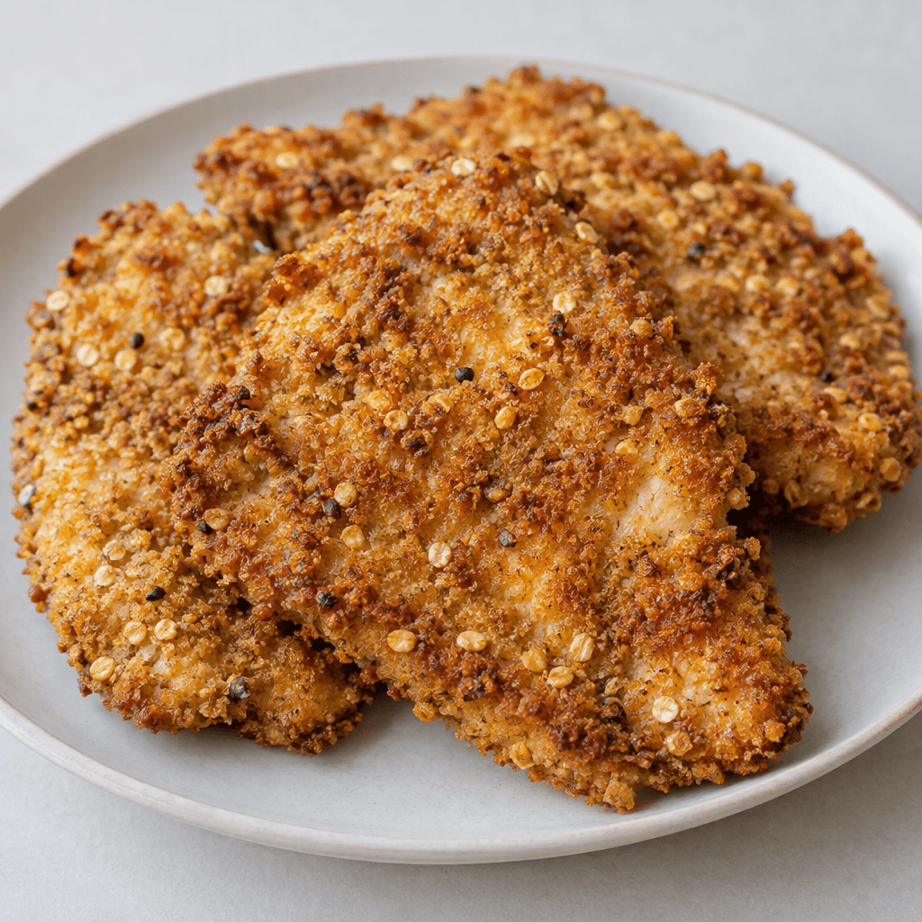 Several flattened chicken pieces are coated in a coarse, golden-brown crust flecked with visible grains, with uneven edges and a crisp-looking surface.