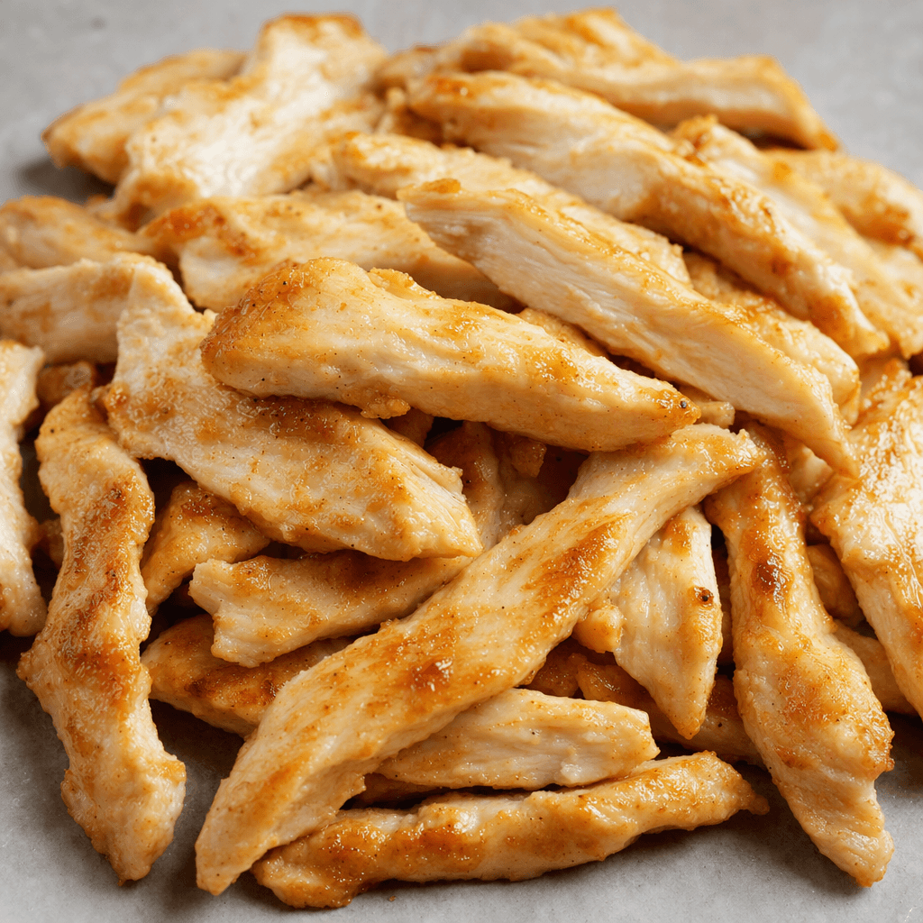 A loose mound of thin, irregular chicken strips, pale beige inside with golden-brown seared edges and a lightly glossy surface.