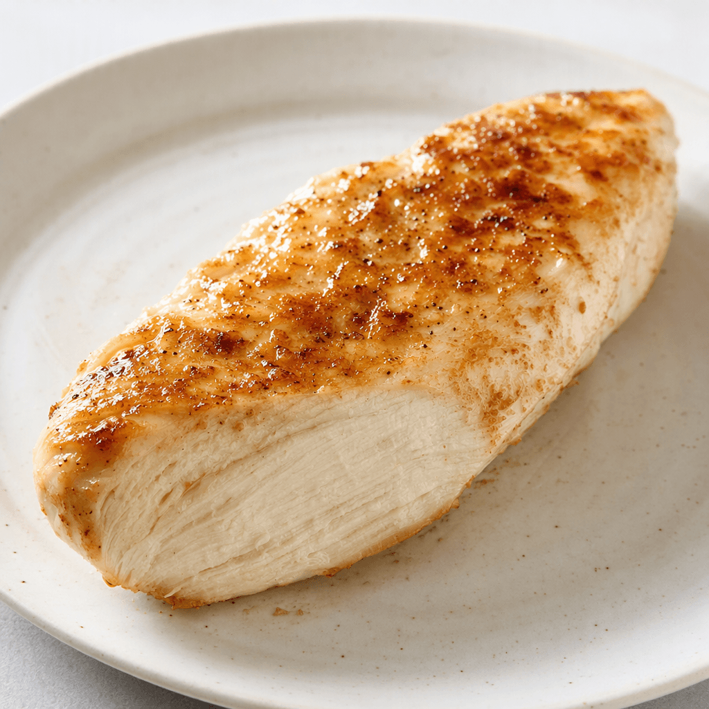 An elongated, boneless chicken fillet with a lightly browned surface and a pale, fibrous interior, served on a plate.