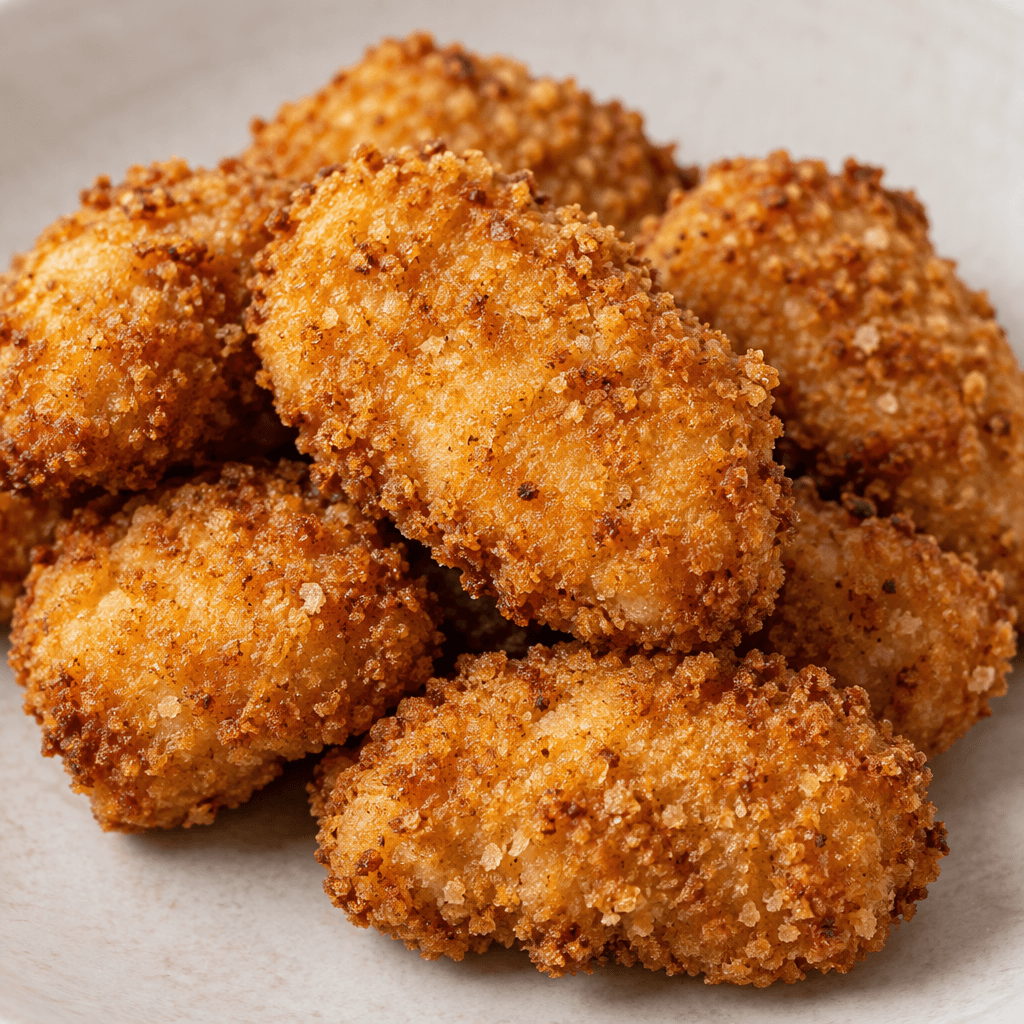 Several small, rounded oblong chicken pieces are coated in a coarse, crisp-looking crumb with an even golden-brown surface.