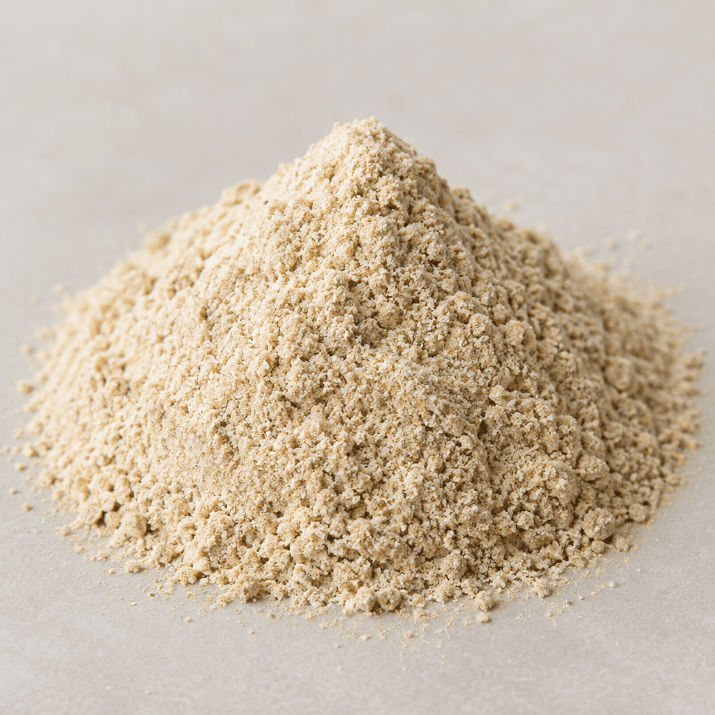 A small heap of fine, pale beige fiber powder with a dry, slightly grainy texture.