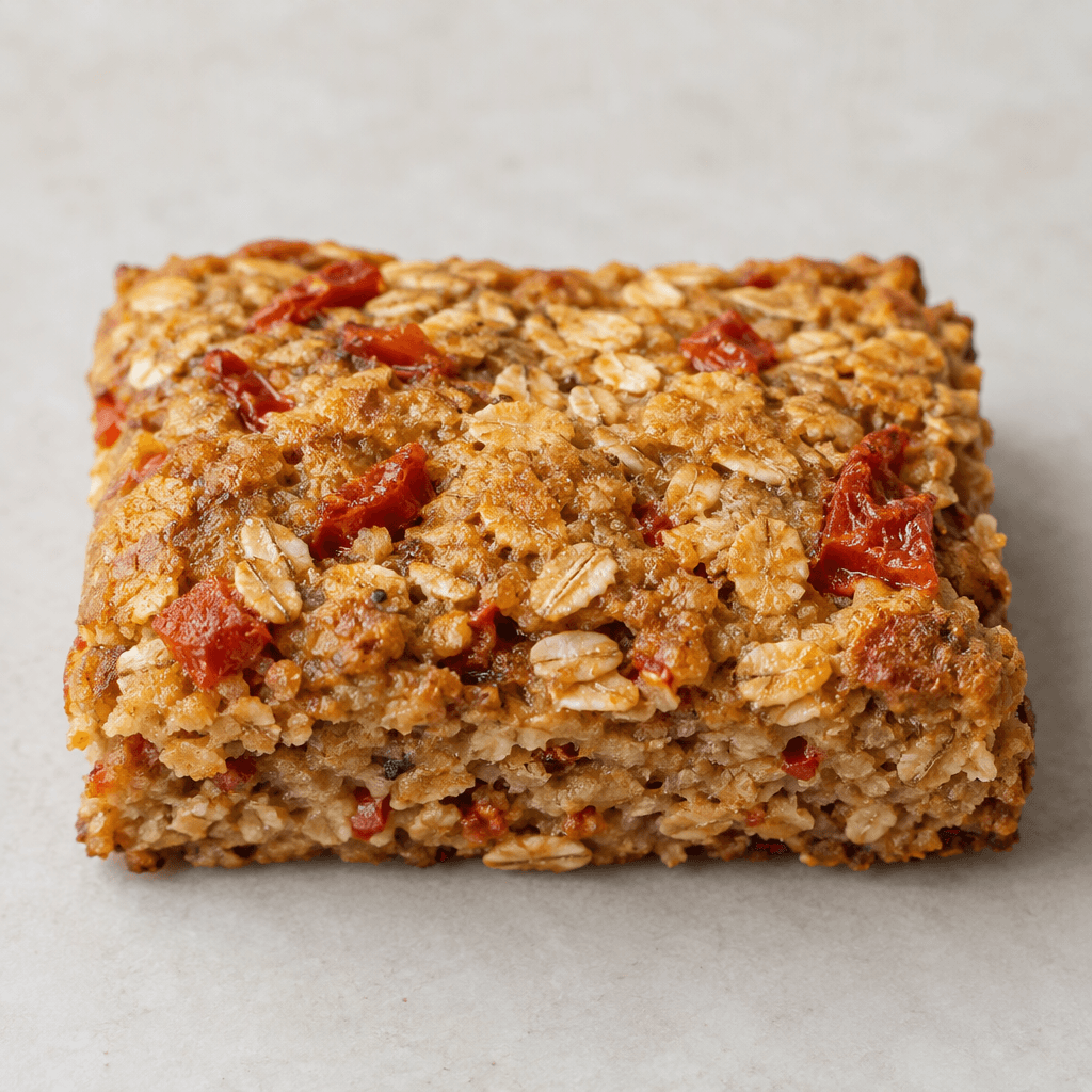 A compact rectangular oat bar with a golden-brown, uneven surface, visible oat flakes, and small red tomato pieces throughout.