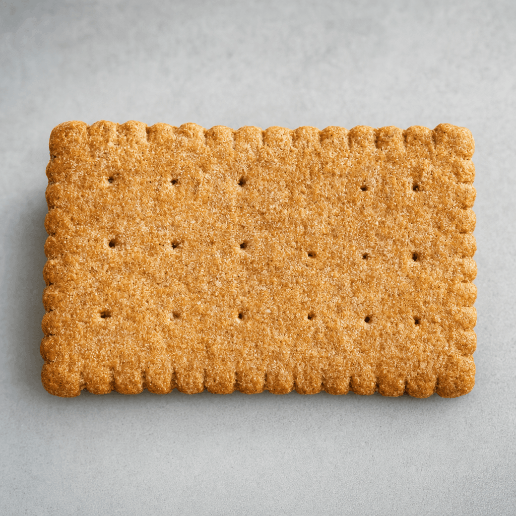 A flat, rectangular whole-wheat biscuit with a golden-brown, grain-flecked surface, lightly ridged edges, and small pinholes, shown on its own.